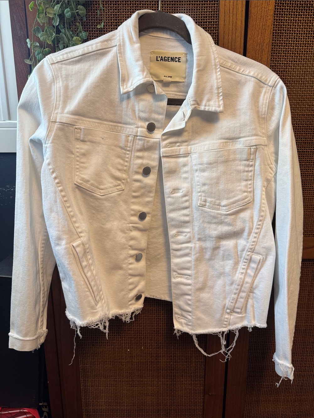 L'AGENCE Ivory White Distressed Denim Jacket